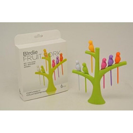 New Arrival Design Plastic Fruit Trees + Birds Fork Cutlery Set 6pcs